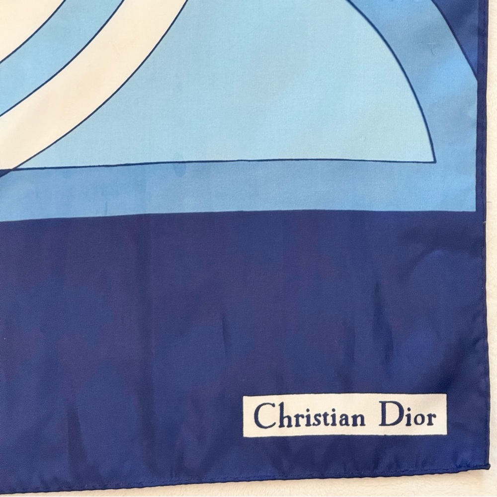 Christian Dior Vintage Silky Satin Blue Geometric Print Oblong Rectangle 44 x 14 - Picture 3 of 14